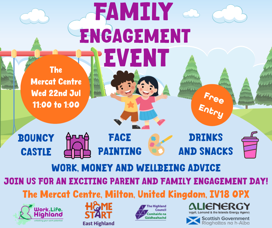 Family Engagement Event poster with bouncy castle, face painting and free family activities at Mercat Centre Milton
